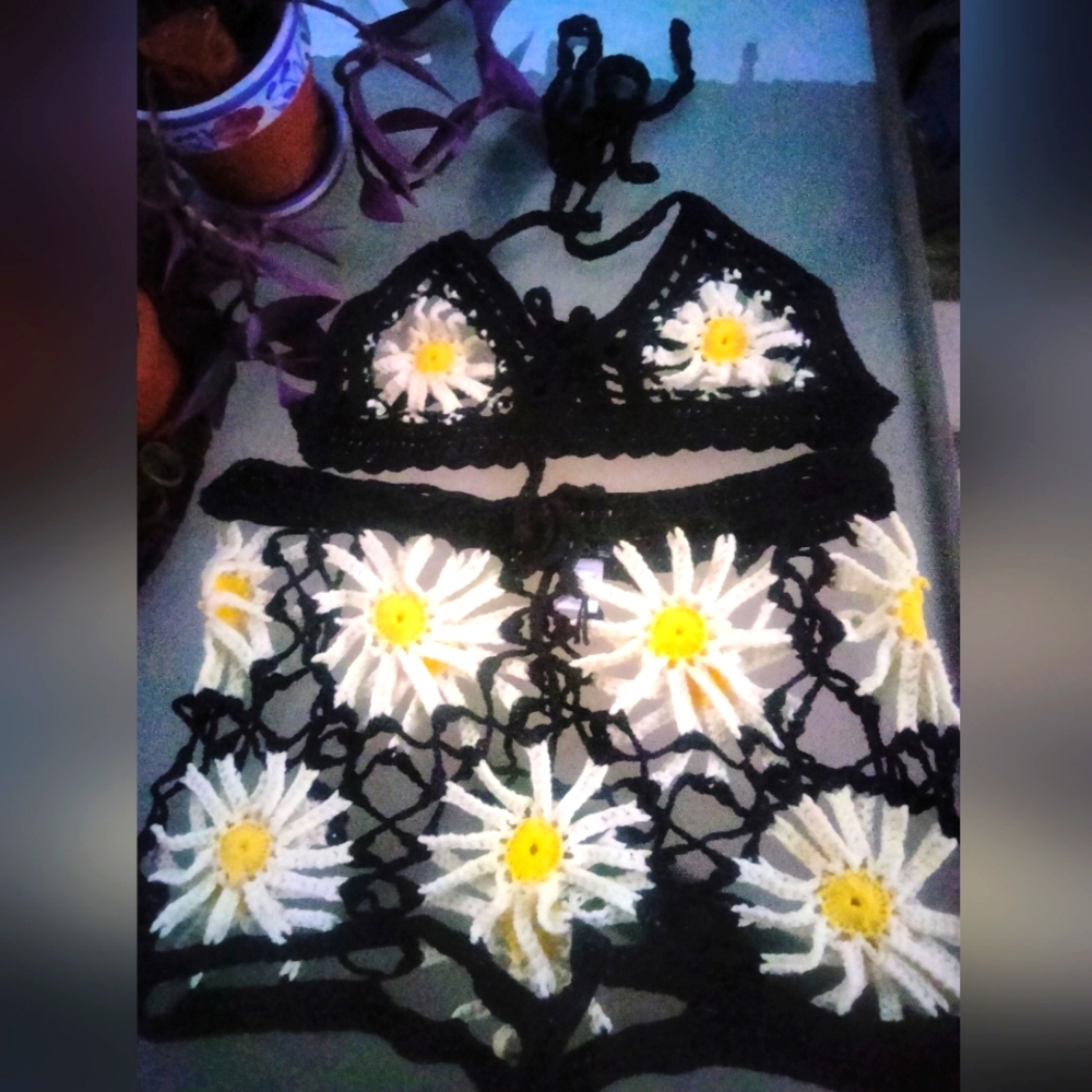 Crochet black with daisy pattern see through bikini top with shorts set